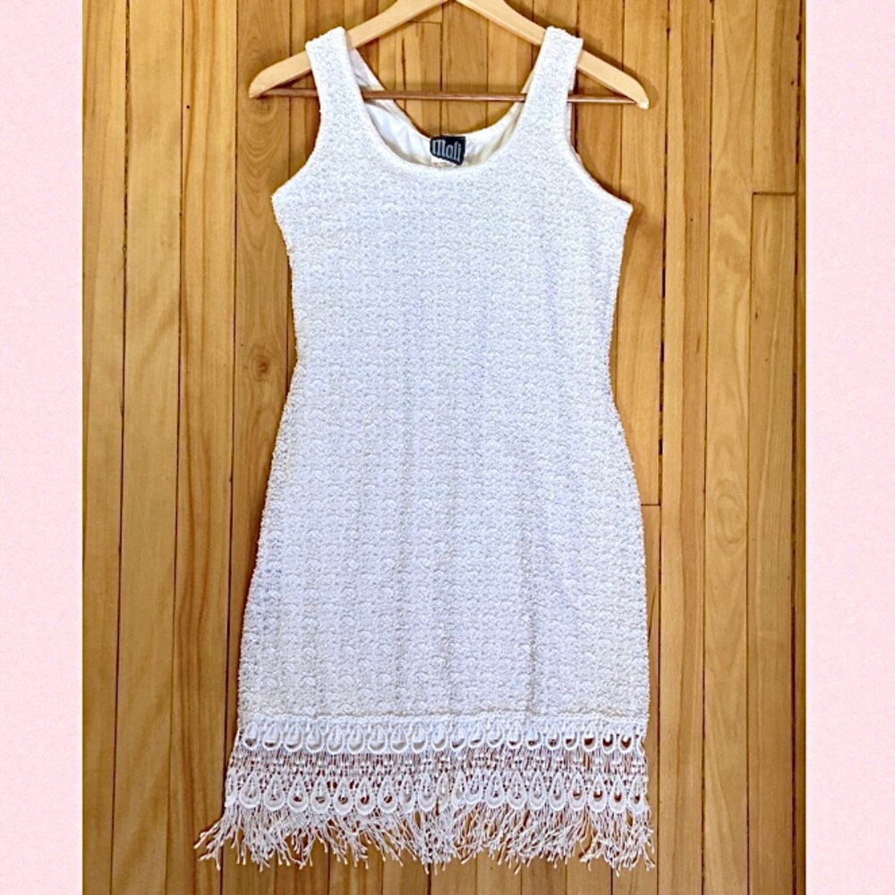 Vintage 90s white textured bodycon tassel dress